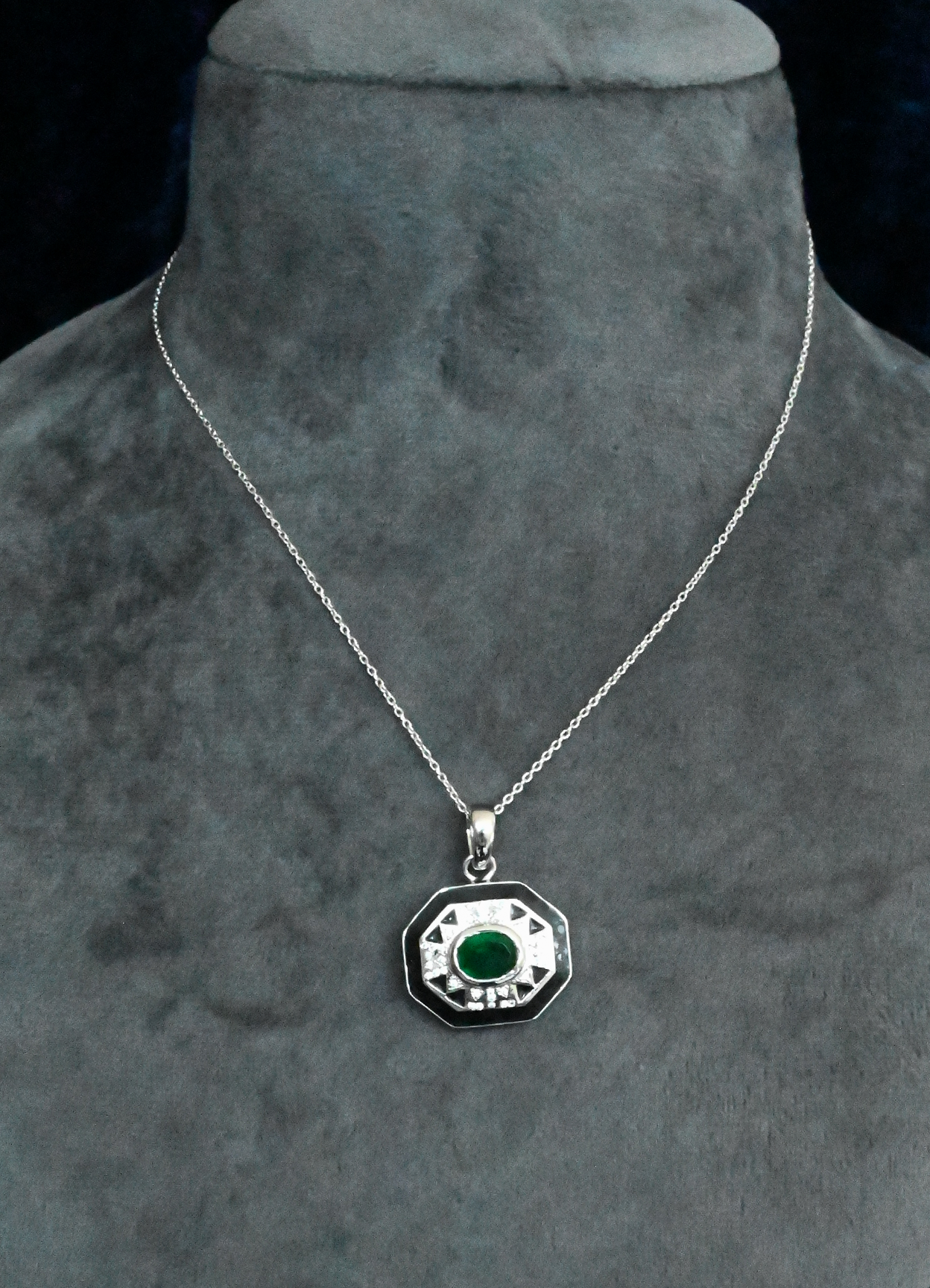 Octagon Design and Emerald Studded with Black Enamel Sterling Silver Pendant