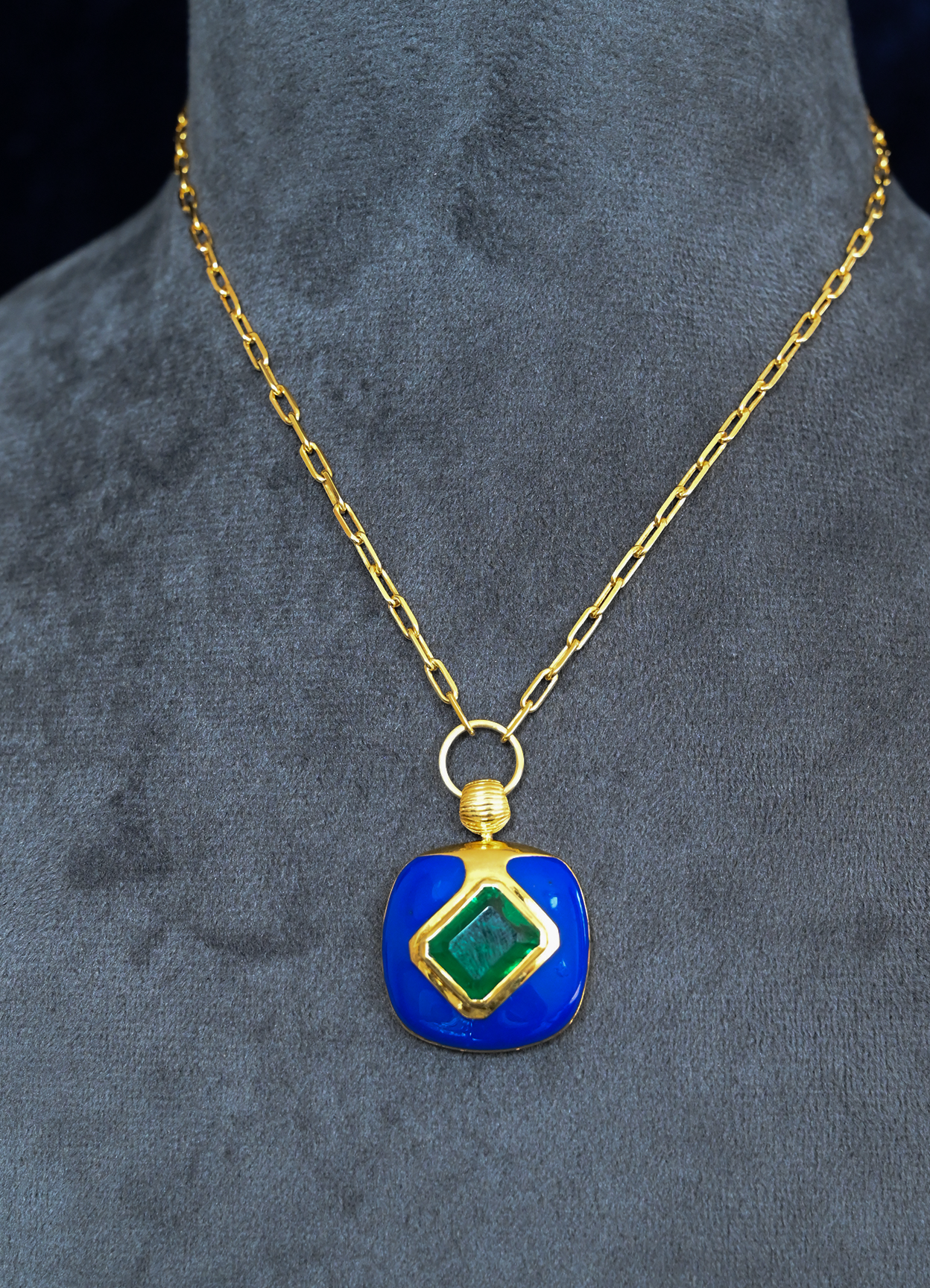 Perfume Bottle Inspired Emerald Studded Gold Plated Sterling Silver Necklace