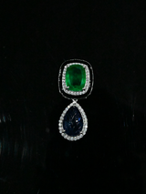 Emerald and Drop Blue Sapphire Carving Black Enamel Sterling Silver Necklace