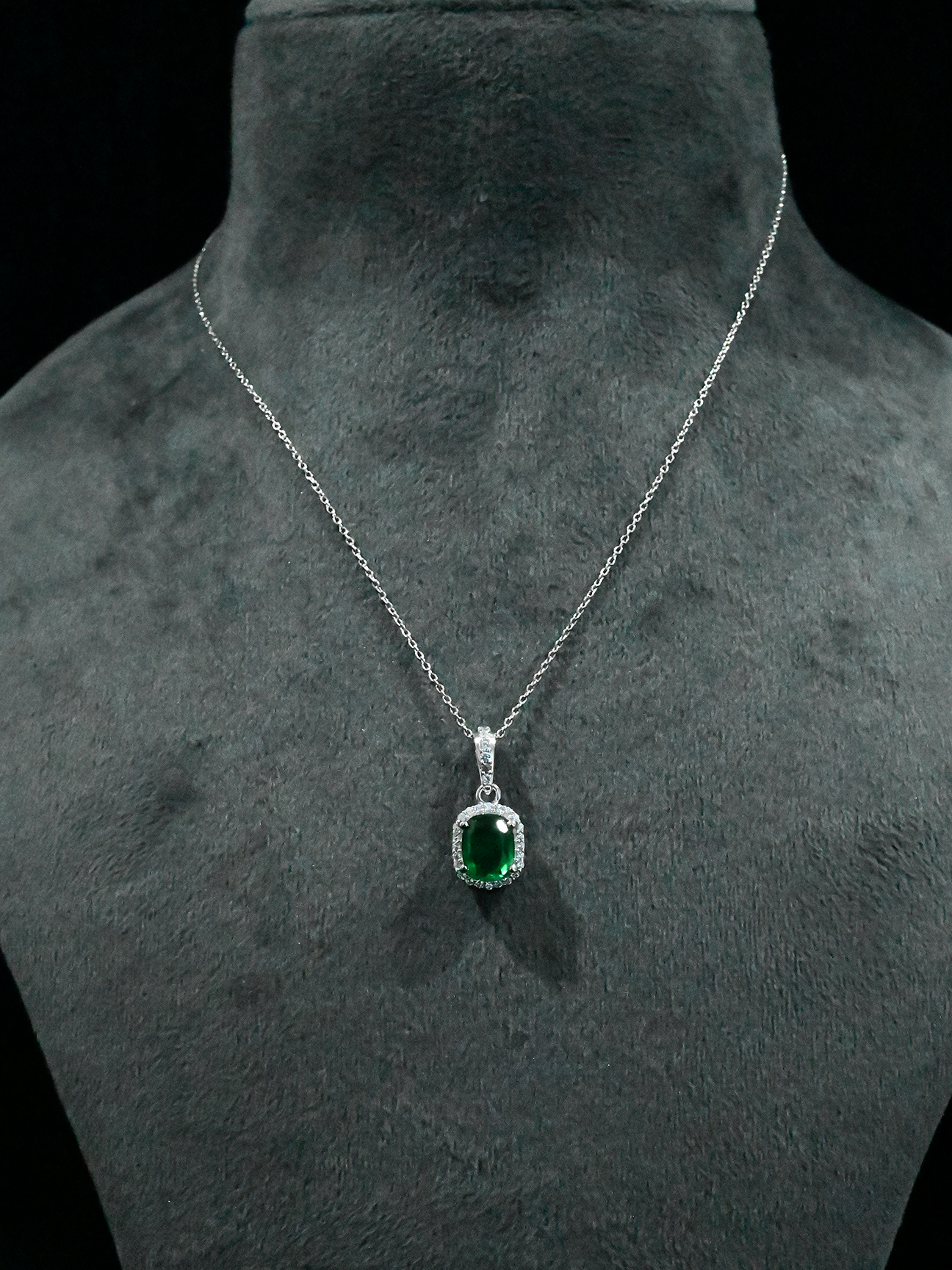 Classic Cushion Emerald and Diamonds Sterling Silver Pendant