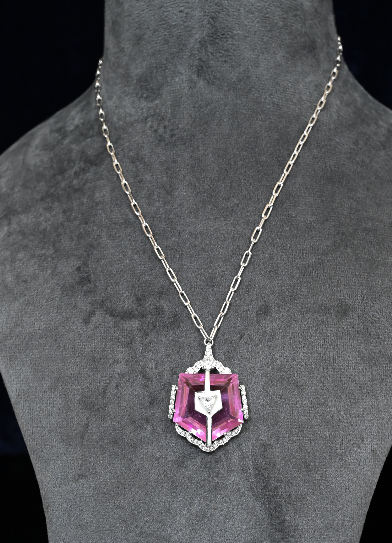 Designer Fancy Kunzite and White Enamel Sterling Silver Pendant with Chain