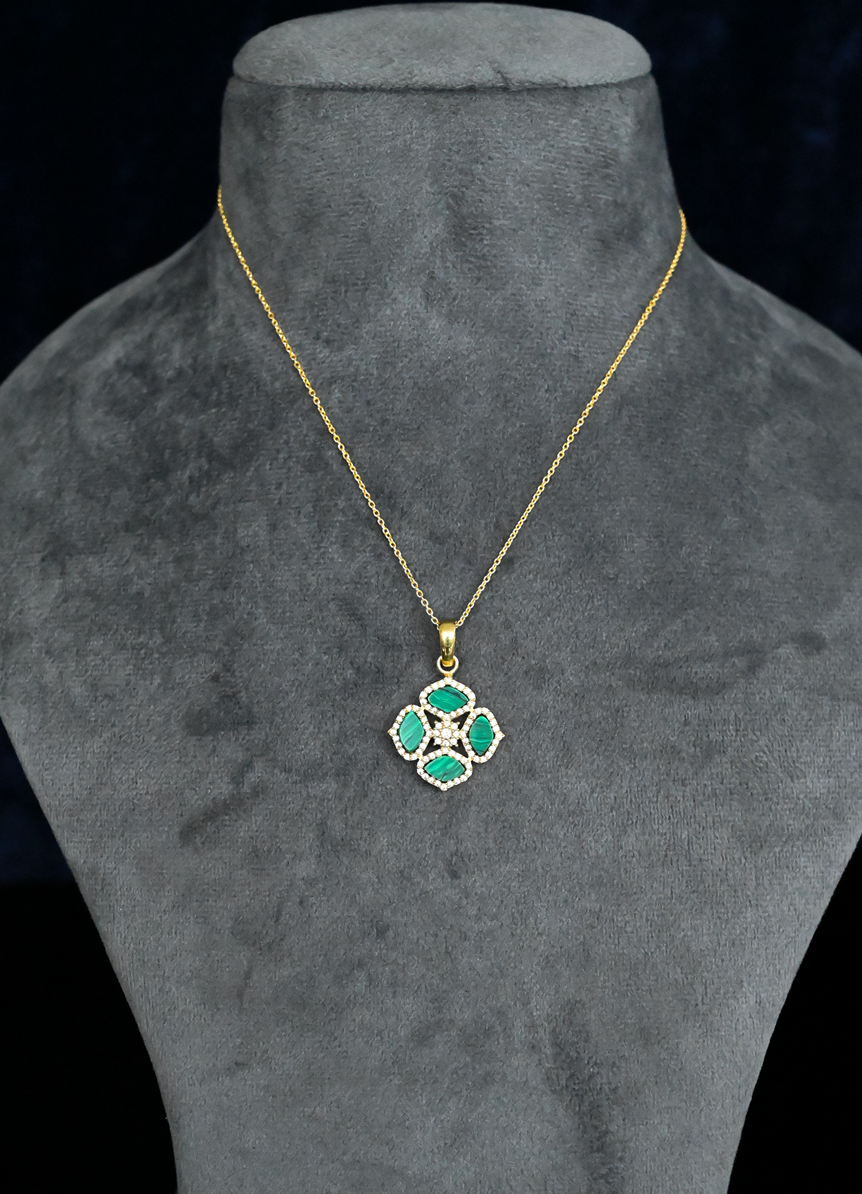 Floral Design and Malachite Inlay Gold Plated Sterling Silver Pendant