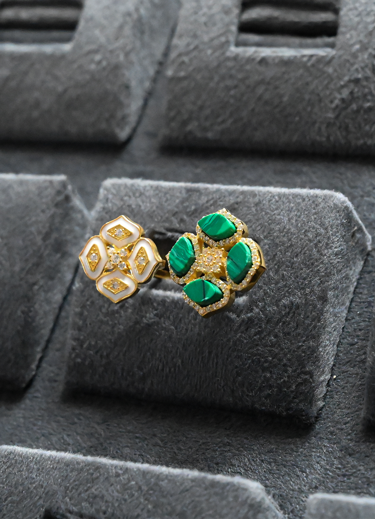 Floral Design and Malachite Inlay and White Enamel Gold Plated Sterling Silver Cocktail Ring