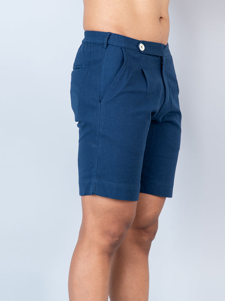 Blue Linen Solid Pattern Shorts - Tistabene