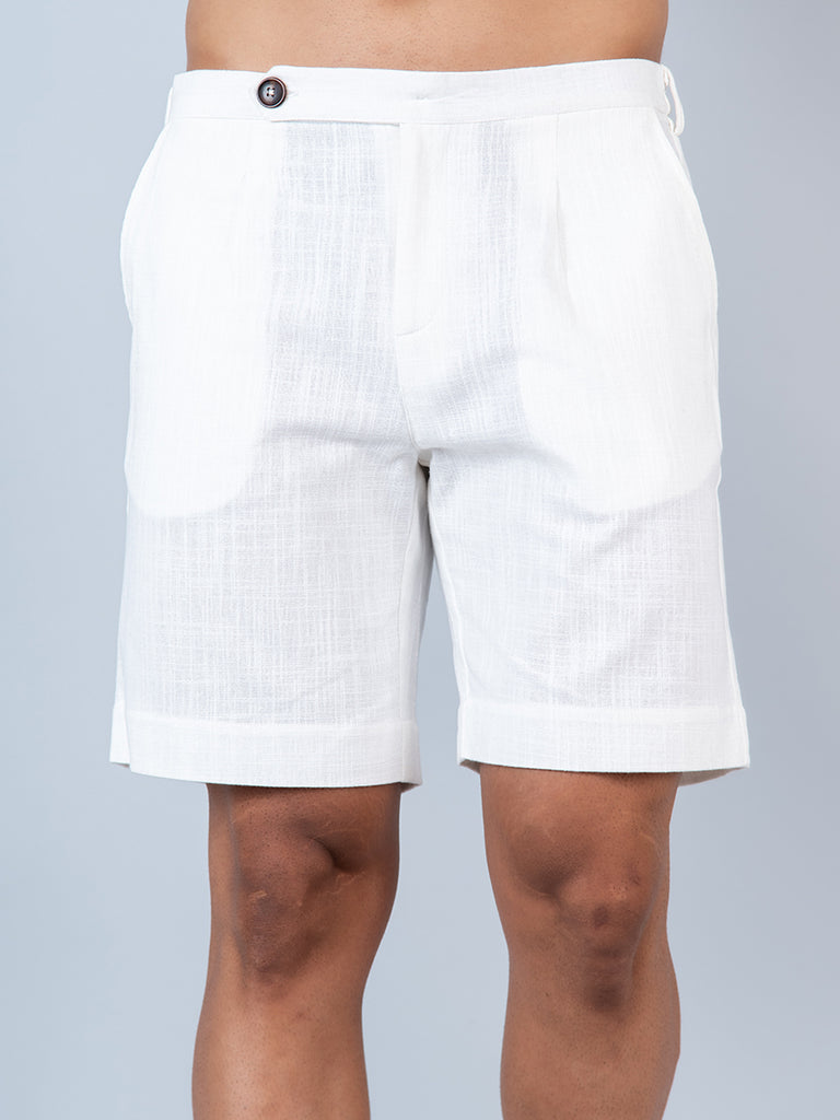 White Linen Solid Pattern Shorts - Tistabene