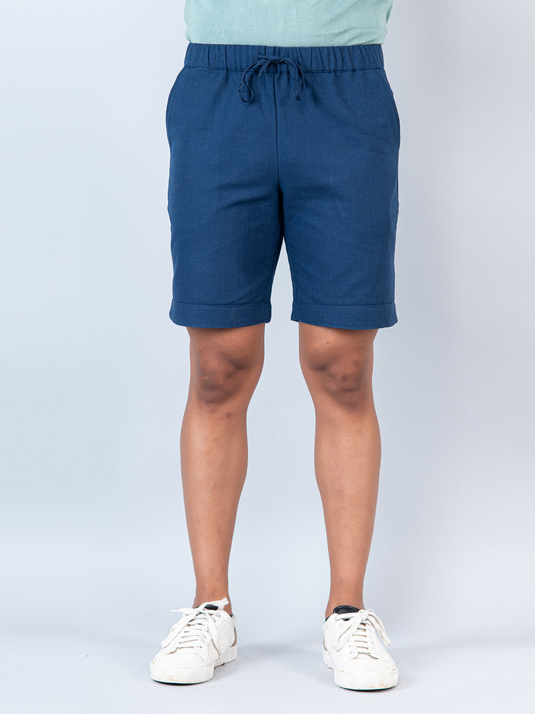 Blue Linen Solid Pattern Shorts - Tistabene