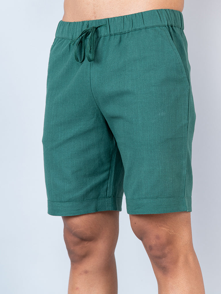 Bottle Green Linen Solid Pattern Shorts - Tistabene