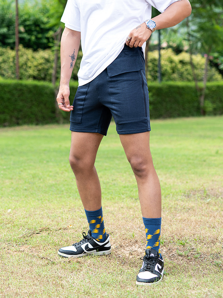 Navy Blue Two Pockets Solid Pattern Cotton Shorts - Tistabene