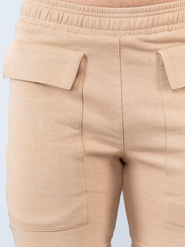 Beige Two Pockets Solid Pattern Cotton Shorts - Tistabene