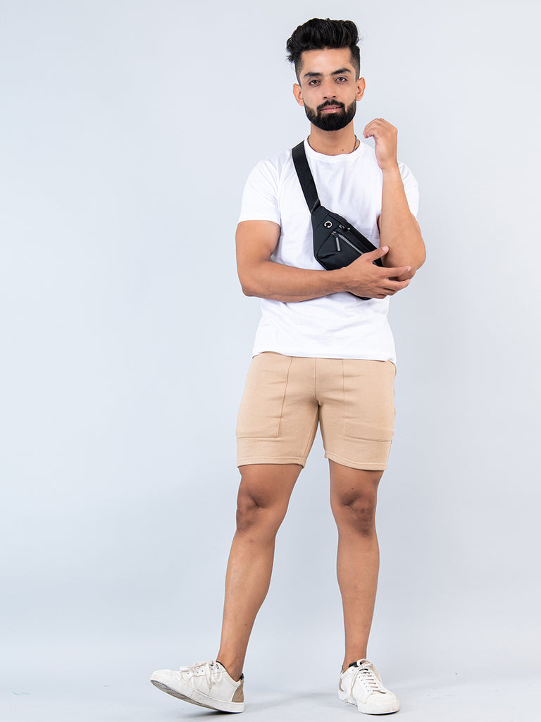 Beige Two Pockets Solid Pattern Cotton Shorts - Tistabene