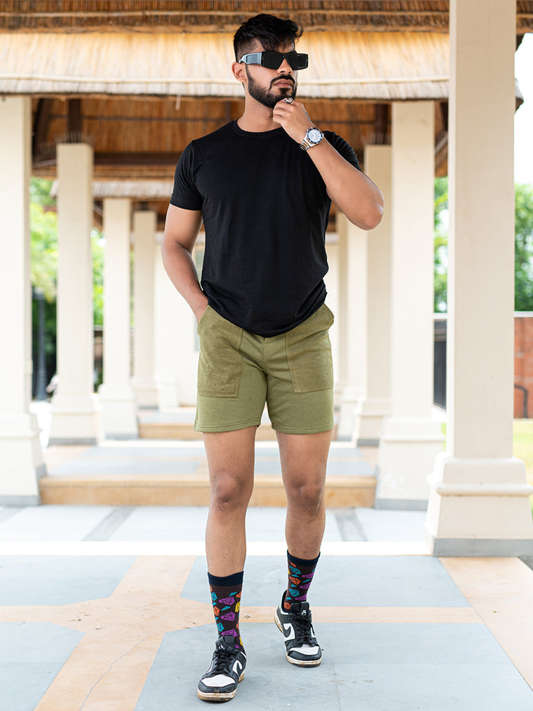 Olive Green Two Pockets Solid Pattern Cotton Shorts - Tistabene