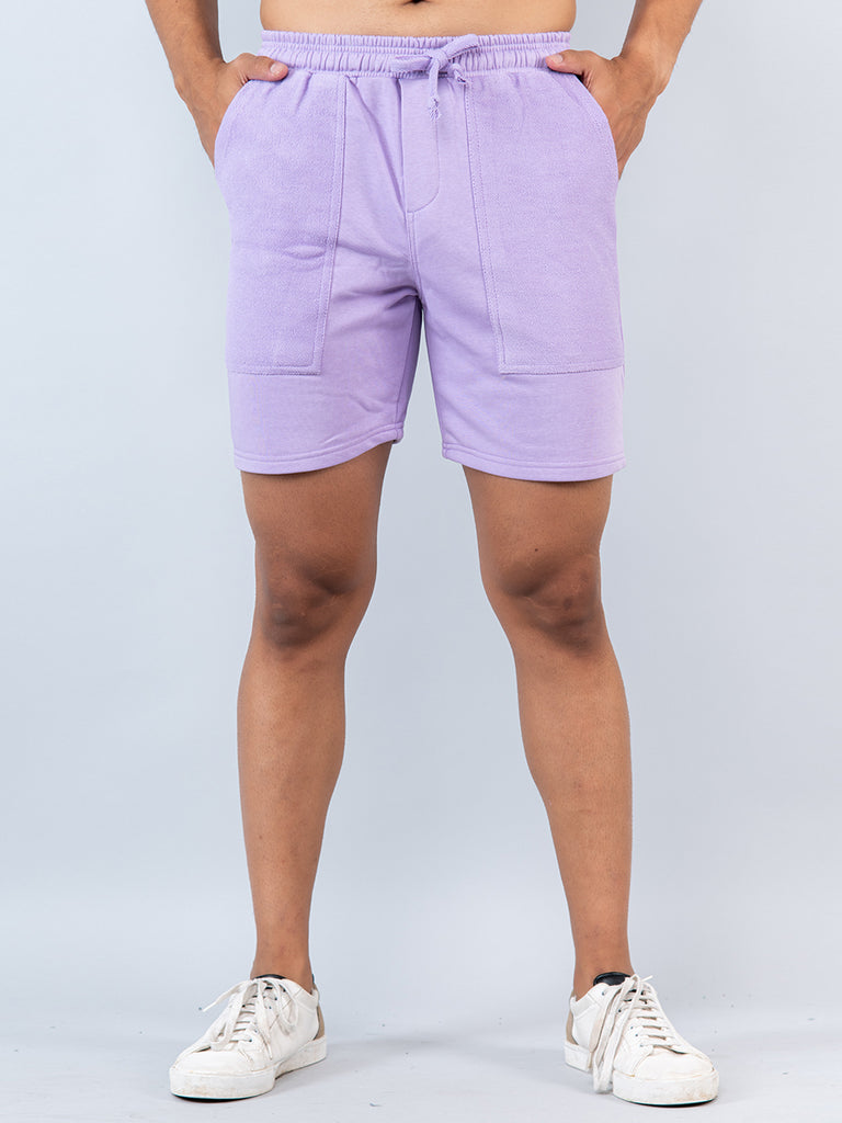 Lilac Two Pockets Solid Pattern Cotton Shorts - Tistabene