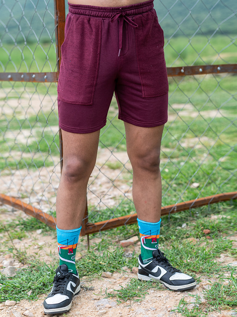Maroon Two Pockets Solid Pattern Cotton Shorts - Tistabene