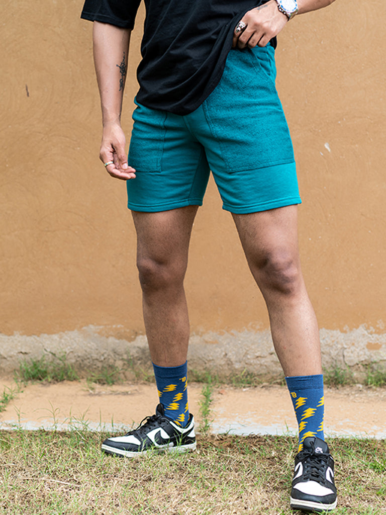 Teal Blue Two Pockets Solid Pattern Cotton Shorts - Tistabene