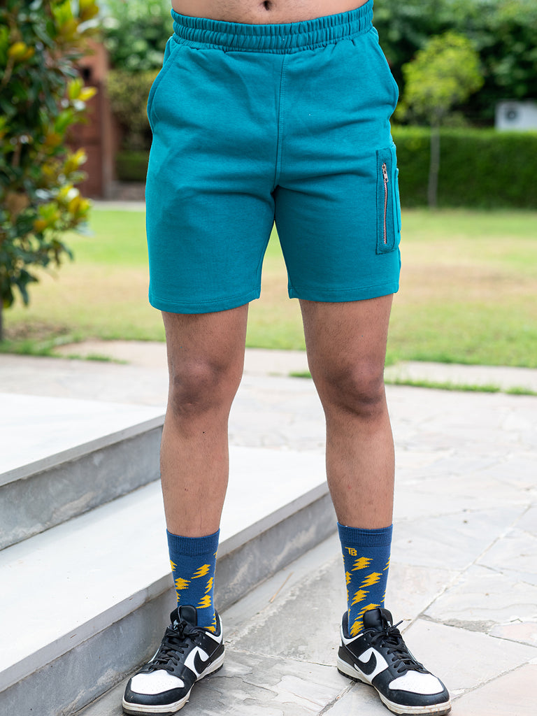 Teal Blue Three Pockets Solid Pattern Cotton Shorts - Tistabene