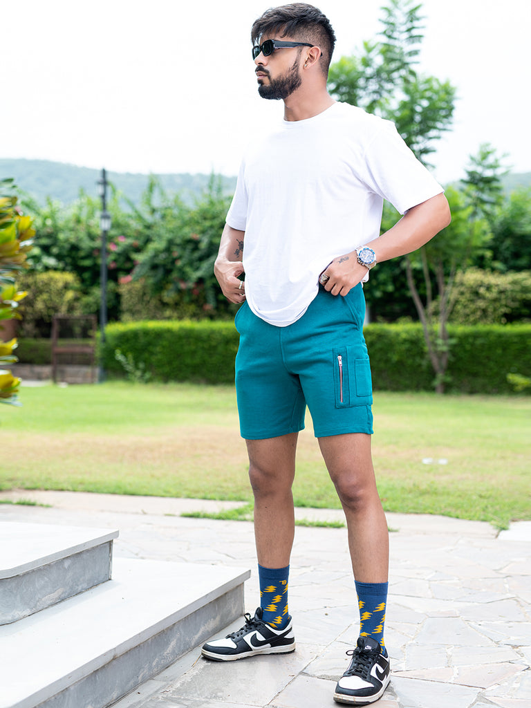 Teal Blue Three Pockets Solid Pattern Cotton Shorts - Tistabene