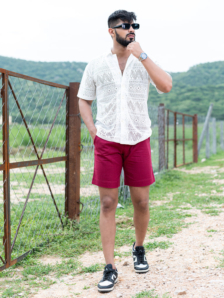 Burgundy Linen Solid Pattern Shorts - Tistabene