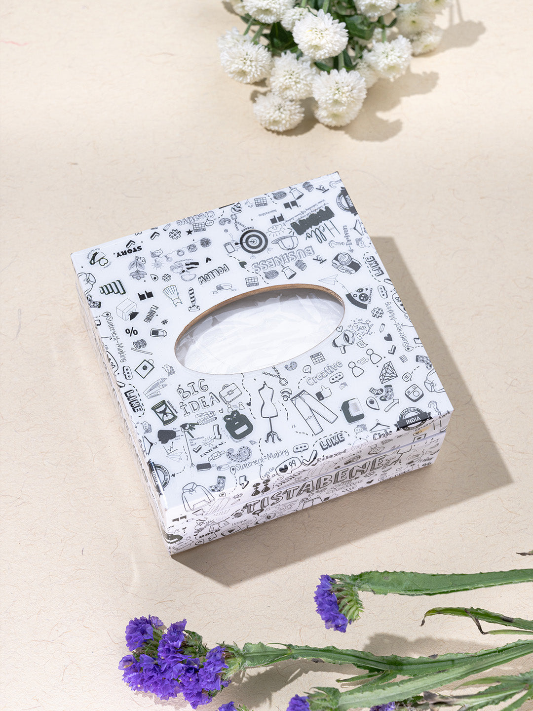 White Tistabene Printed Tissue Holder With Magnet