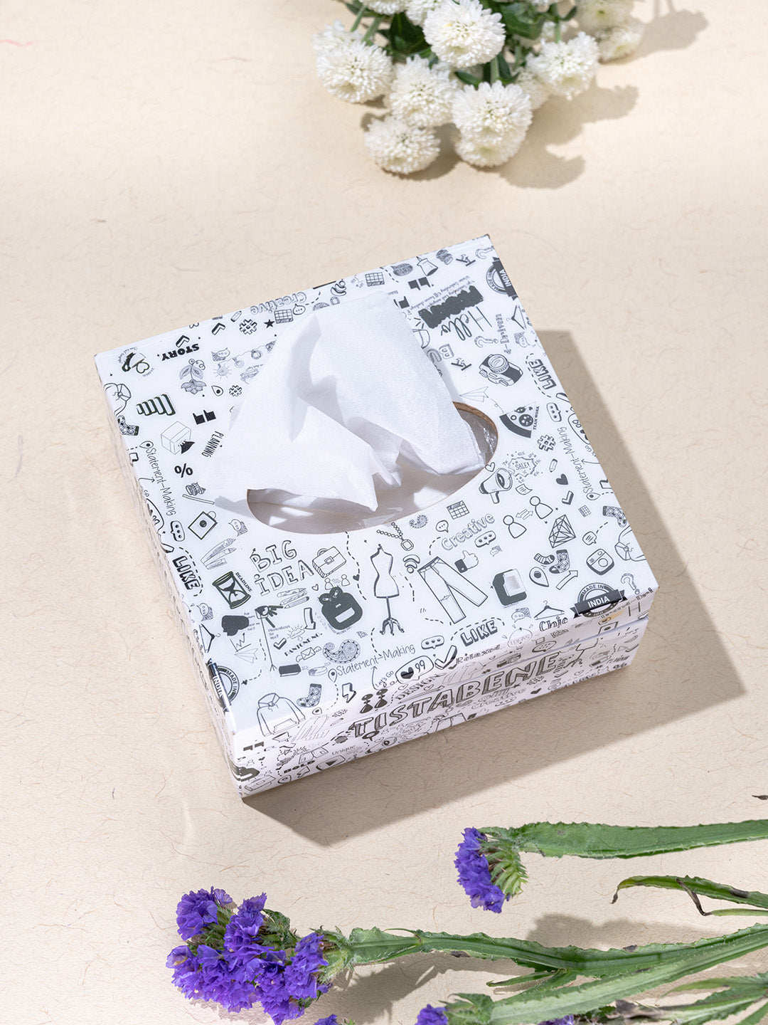 White Tistabene Printed Tissue Holder With Magnet