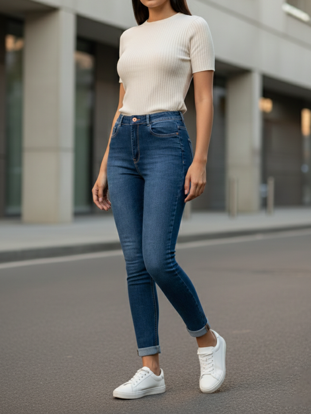 Mid Blue Skinny Fit Jeans For Women