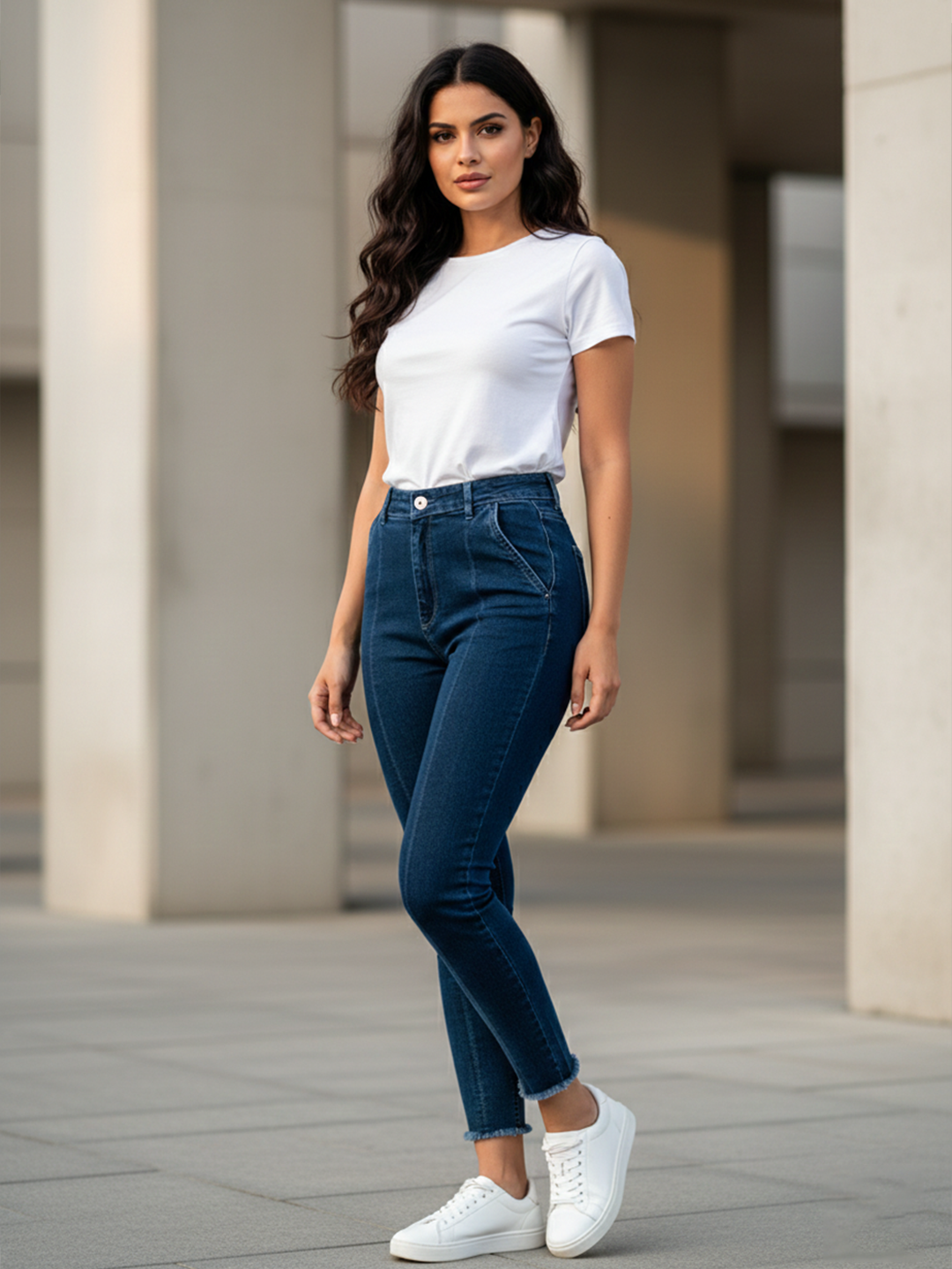 Mid Blue Pleated Skinny Fit Jeans For Women