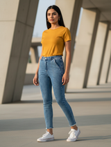 Light Blue Pleated Skinny Fit Jeans For Women