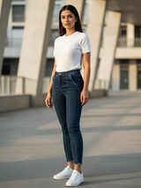 Dark Blue Pleated Skinny Fit Jeans For Women