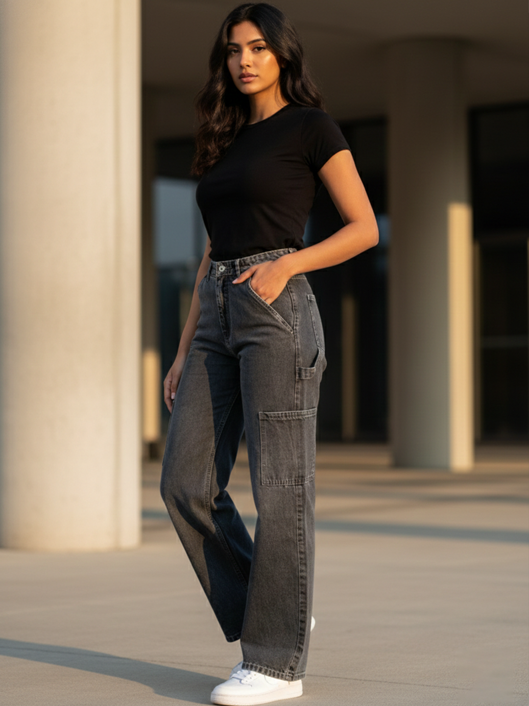 Dark Grey Cargo Jeans For Women