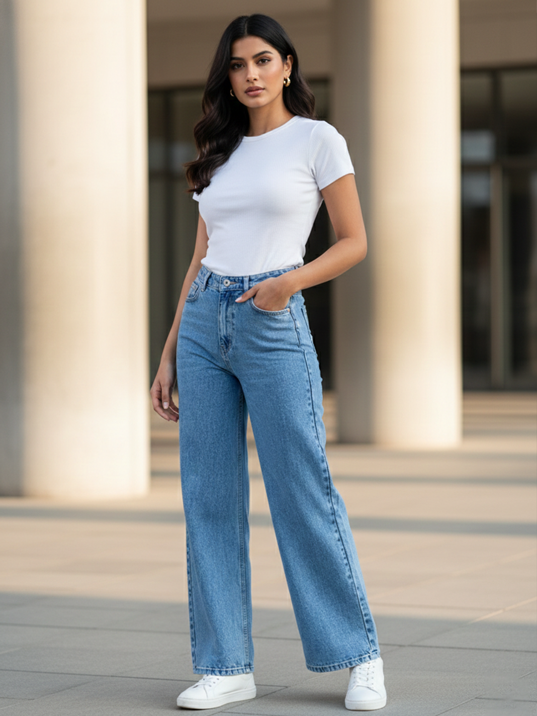 Light Blue Straight Flared-fit Jeans For Women