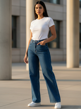 Mid Blue Straight Flared-fit Jeans For Women