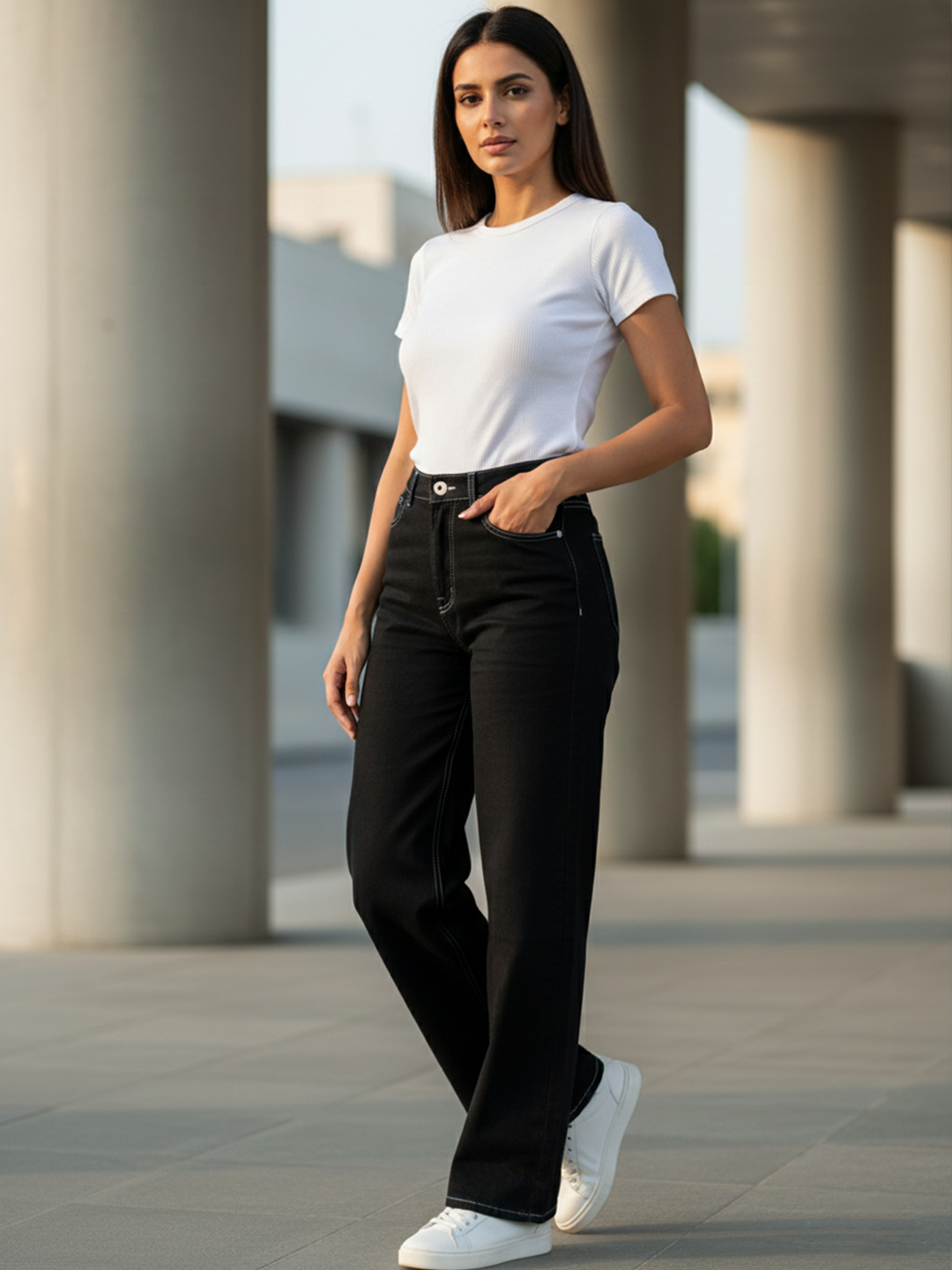 Midnight Jet Black Straight Flared-fit Jeans For Women