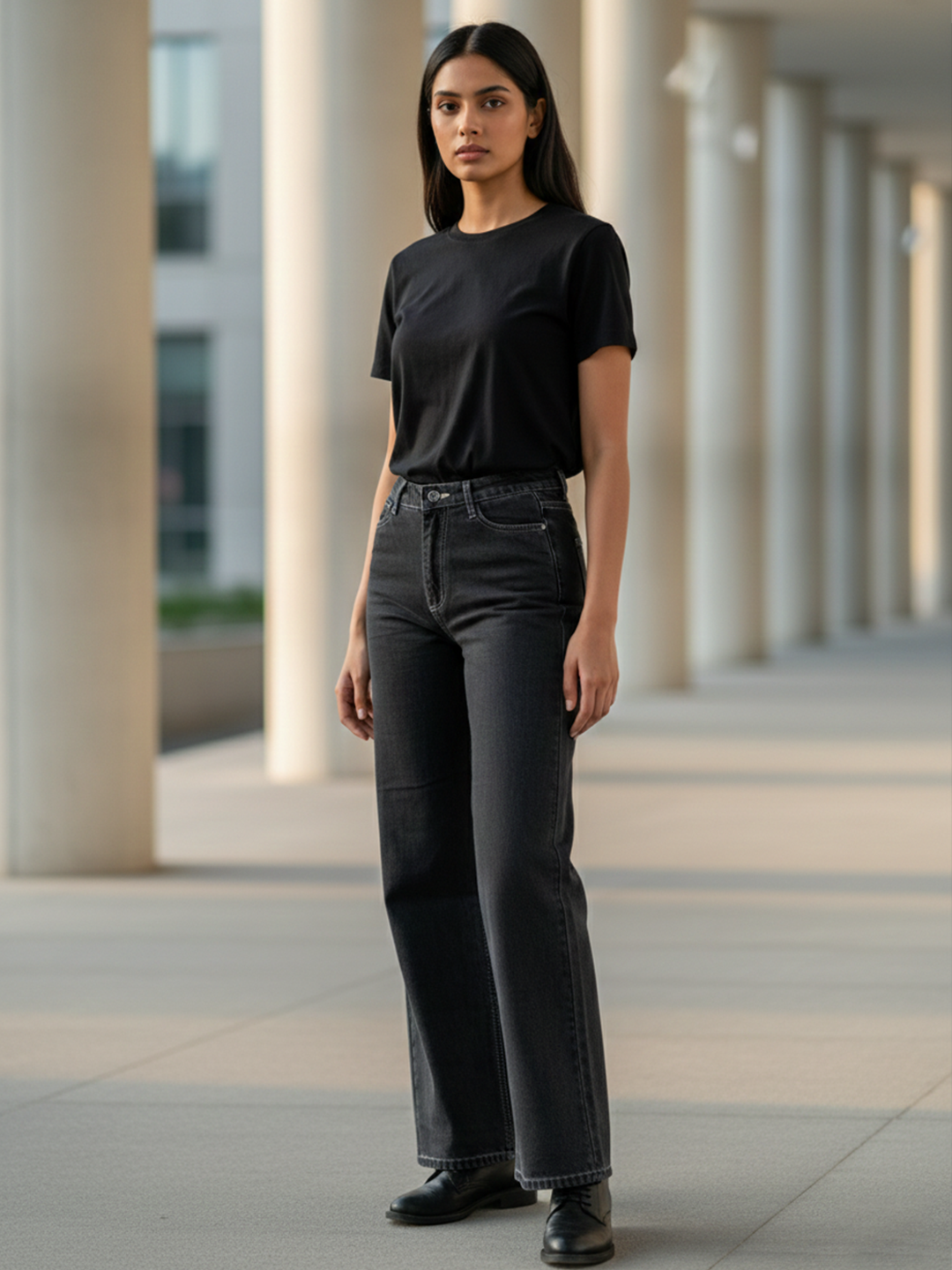 Classic Carbon Black Straight Flared-fit Jeans For Women