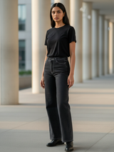 Classic Carbon Black Straight Flared-fit Jeans For Women