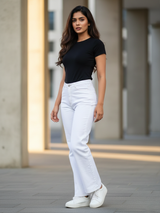 Labyrinth White Straight Flared-fit Jeans For Women