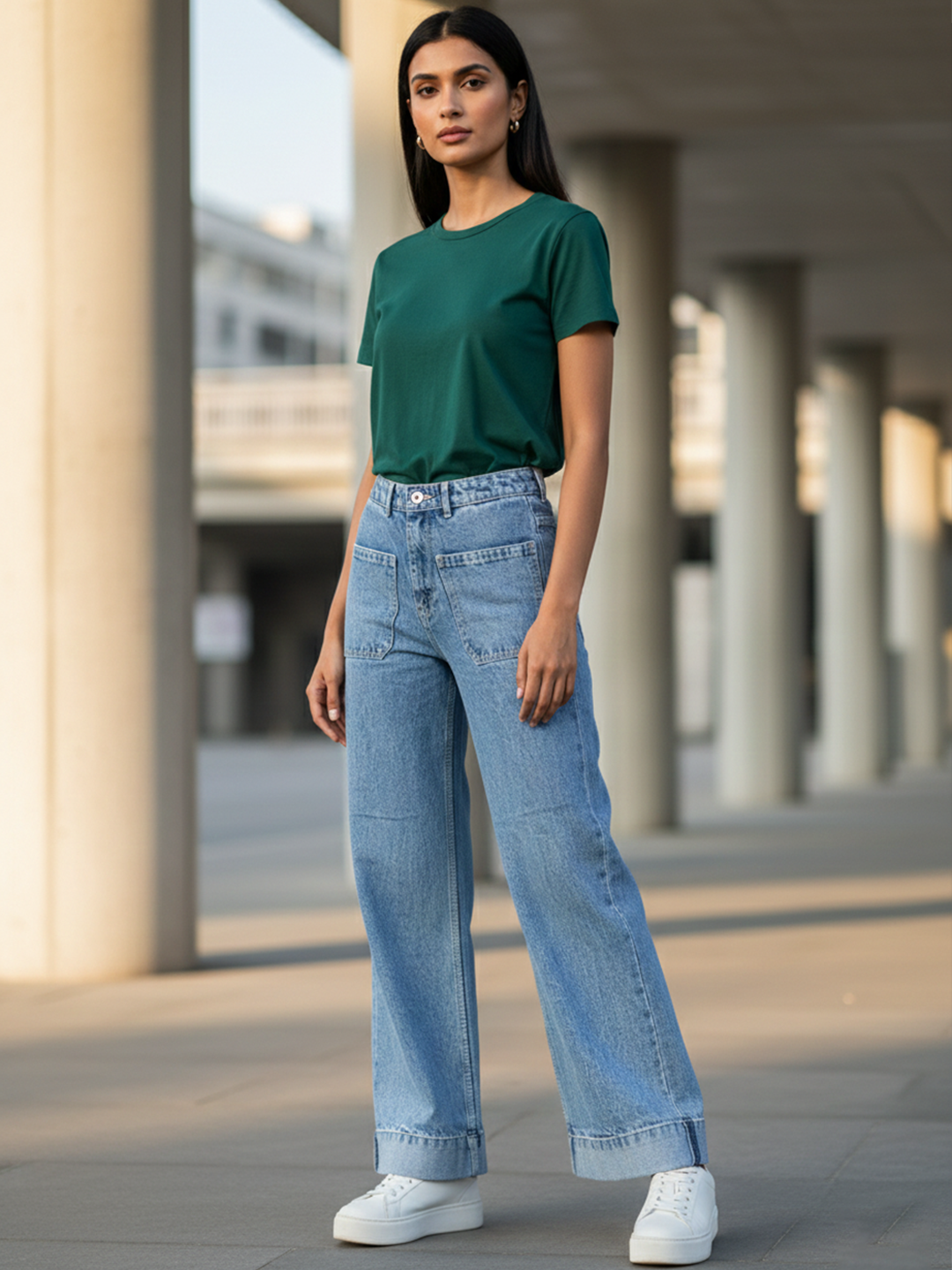 Two Pocket Light Blue Flared Jeans For Women