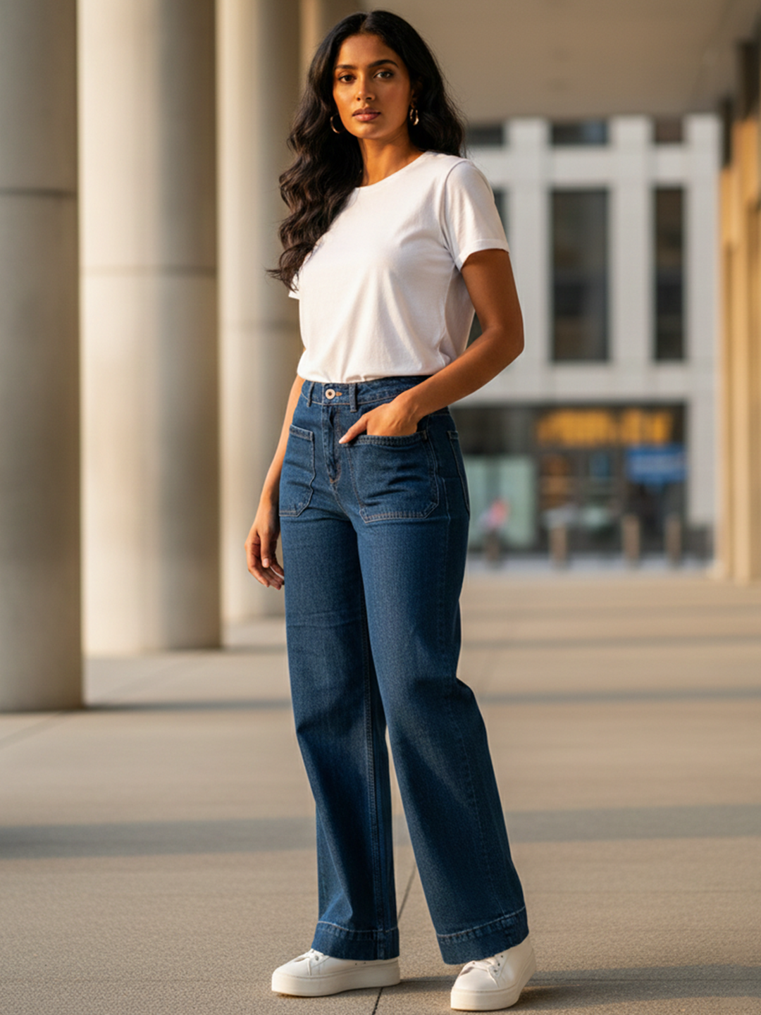 Two Pocket Dark Blue Flared Jeans For Women