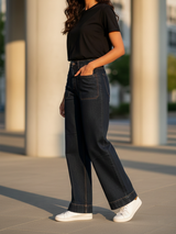 Two Pocket Navy Blue Flared Jeans For Women