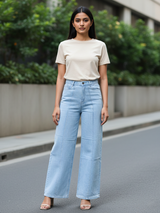Light Blue Pleated Flared Jeans For Women