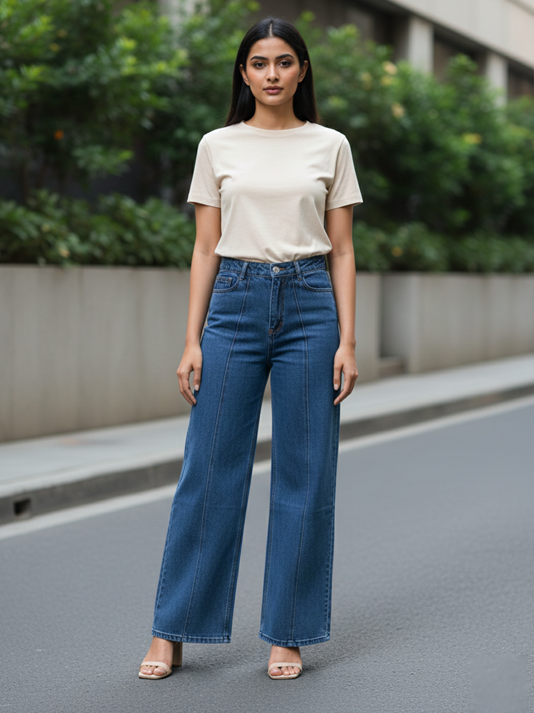 Mid Blue Pleated Flared Jeans For Women