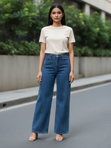 Mid Blue Pleated Flared Jeans For Women