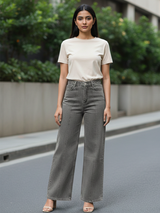 Dark Grey Pleated Flared Jeans For Women