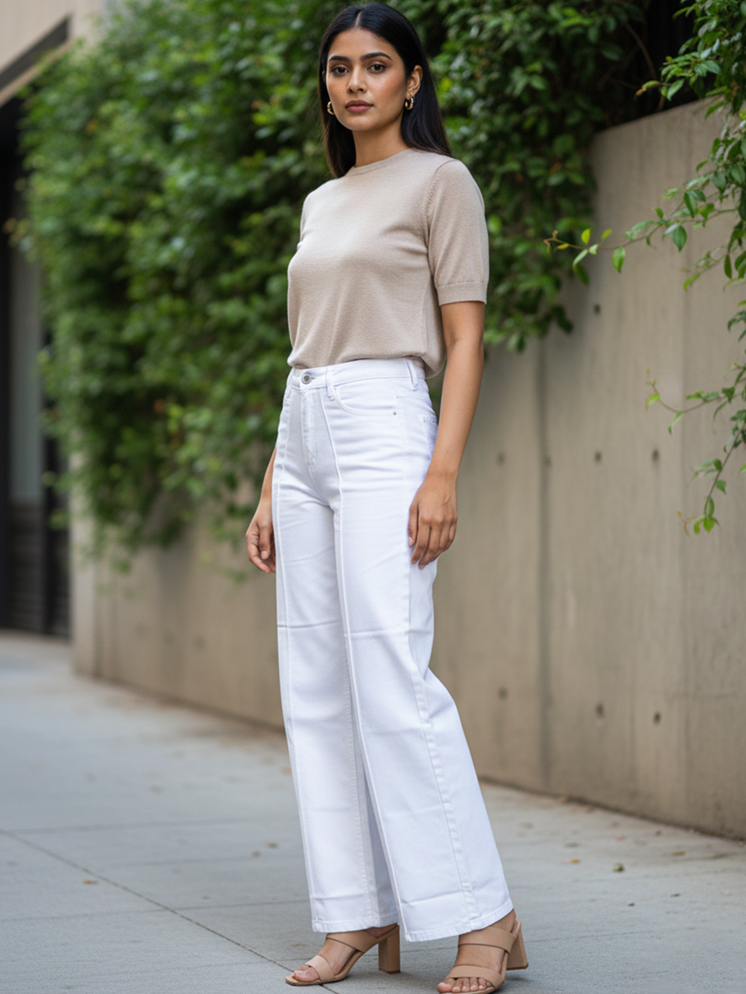 Modish White Pleated Flared Jeans For Women