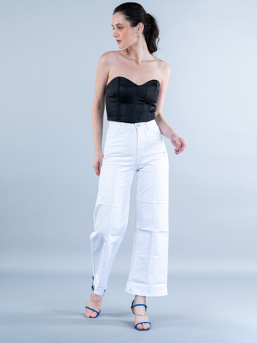 Modish White Pleated Flared Jeans For Women