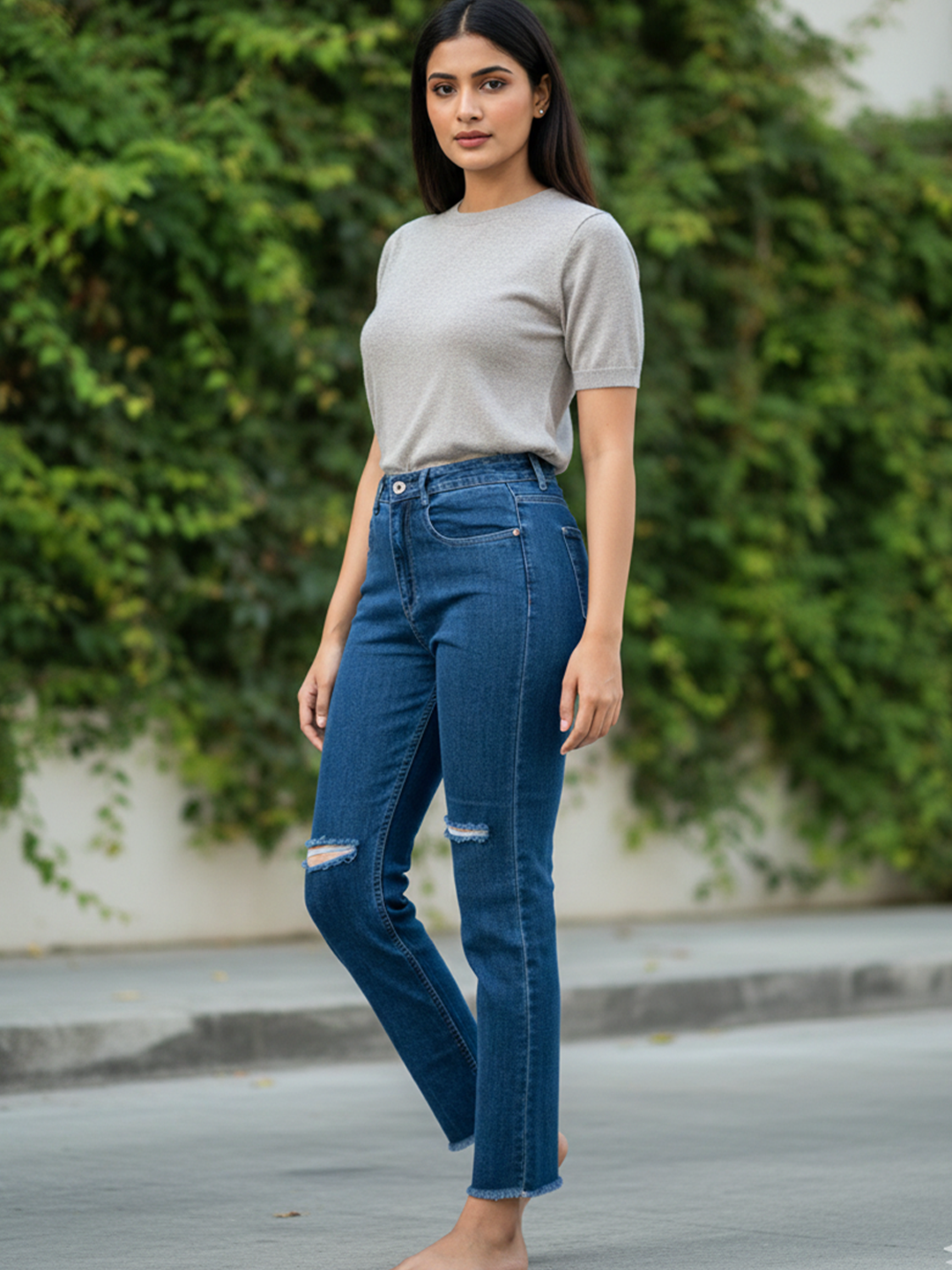 Mid Blue Thigh Cut Jeans For Women