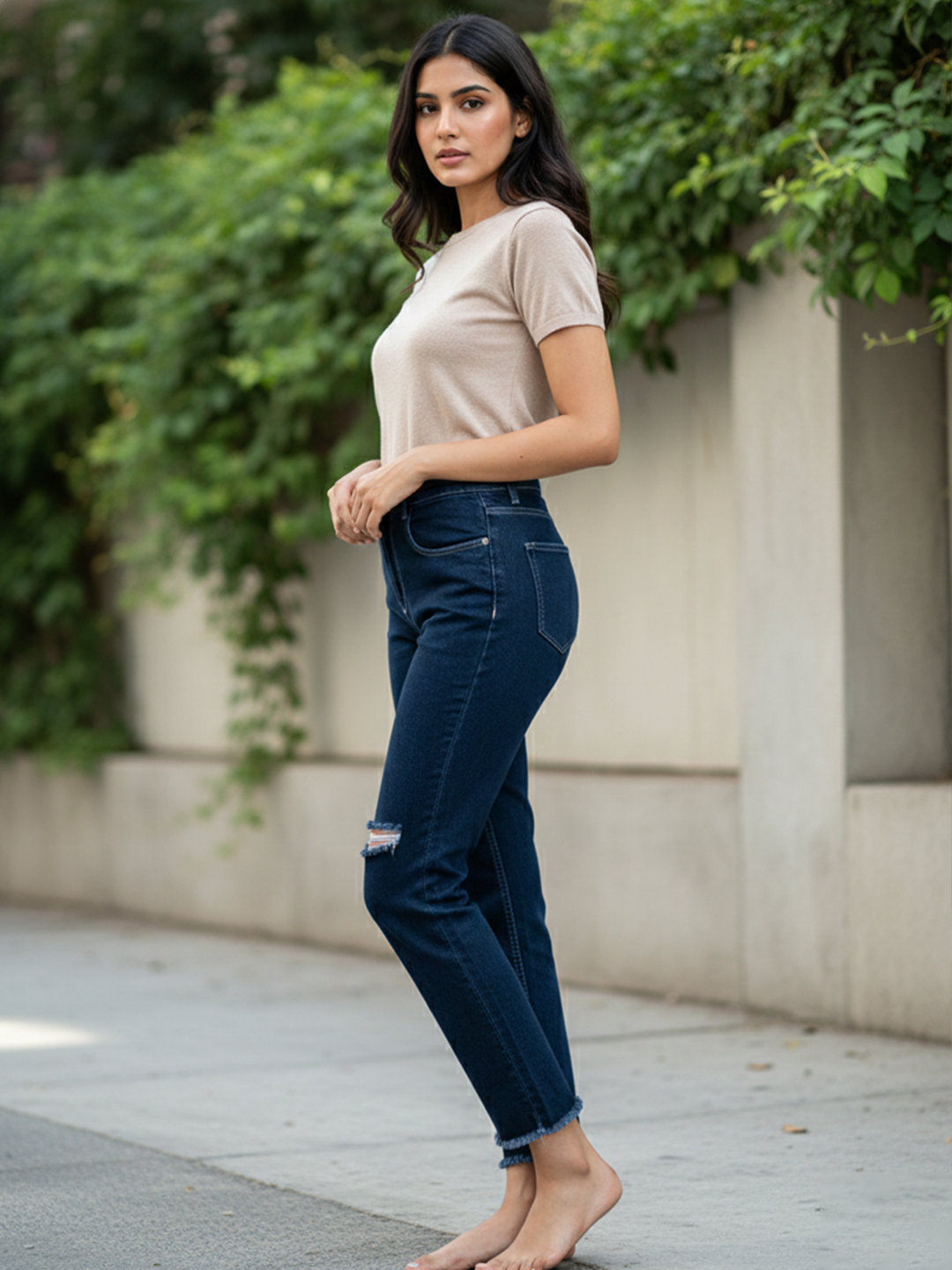 Dark Blue Thigh Cut Jeans For Women