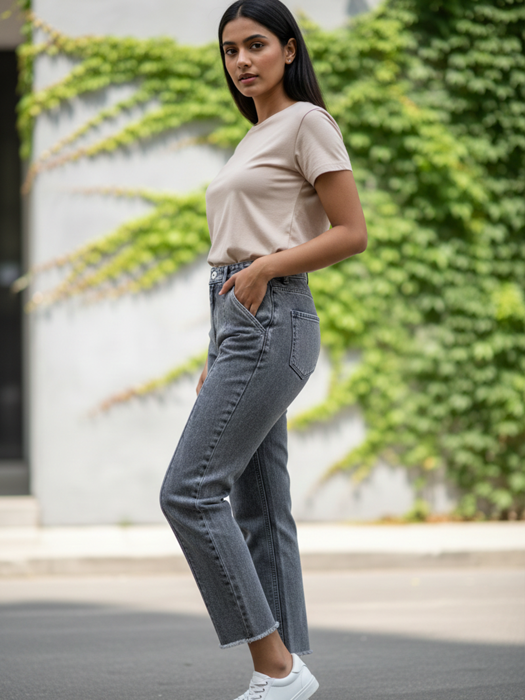 Grey Baggy-fit Jeans For Women
