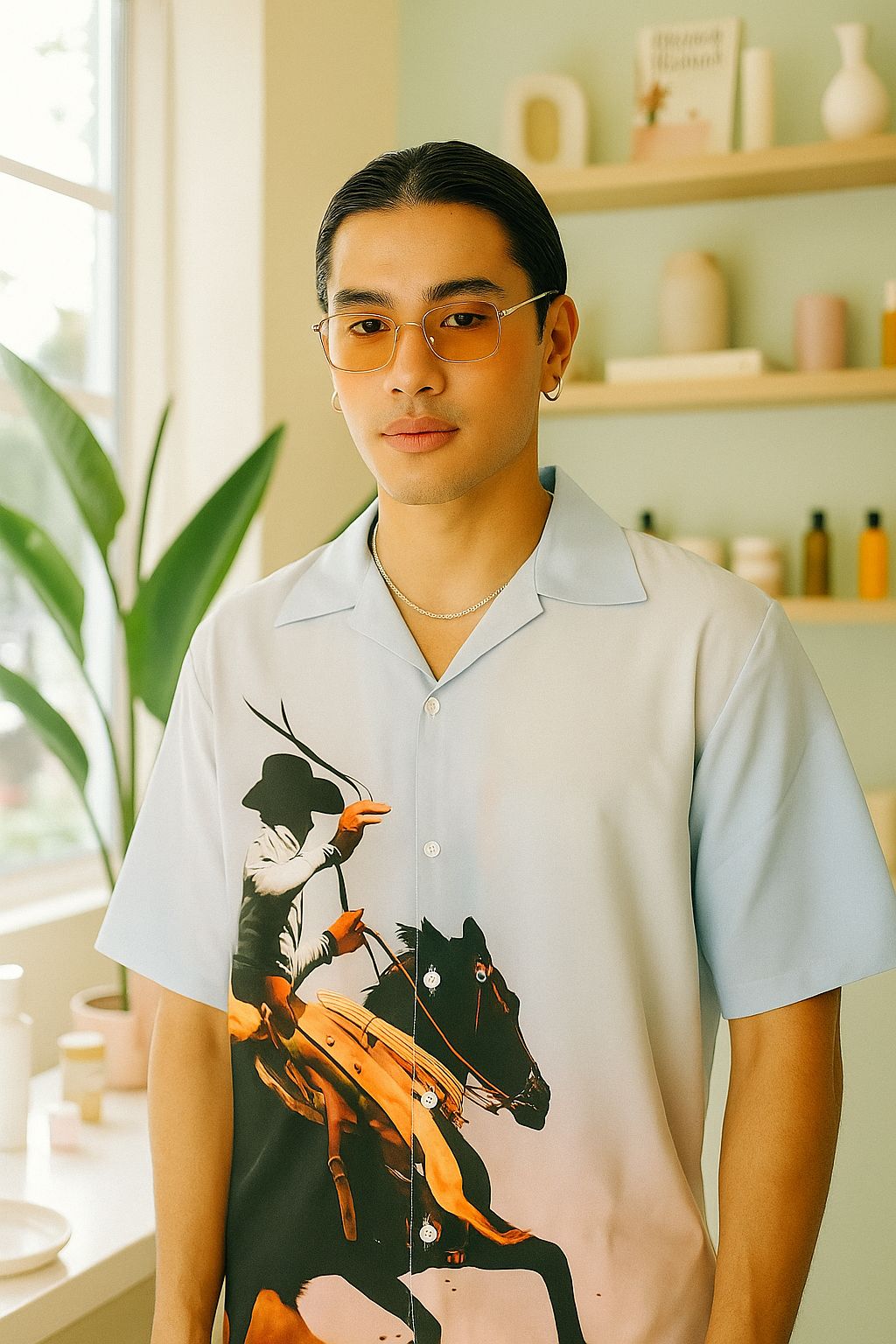 Cavalry Charge Art Printed Cuban Collar Oversized Shirt