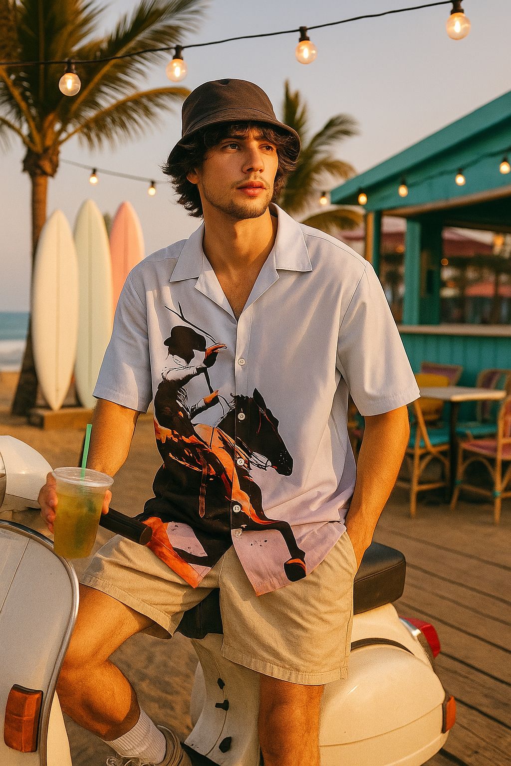 Cavalry Charge Art Printed Cuban Collar Oversized Shirt