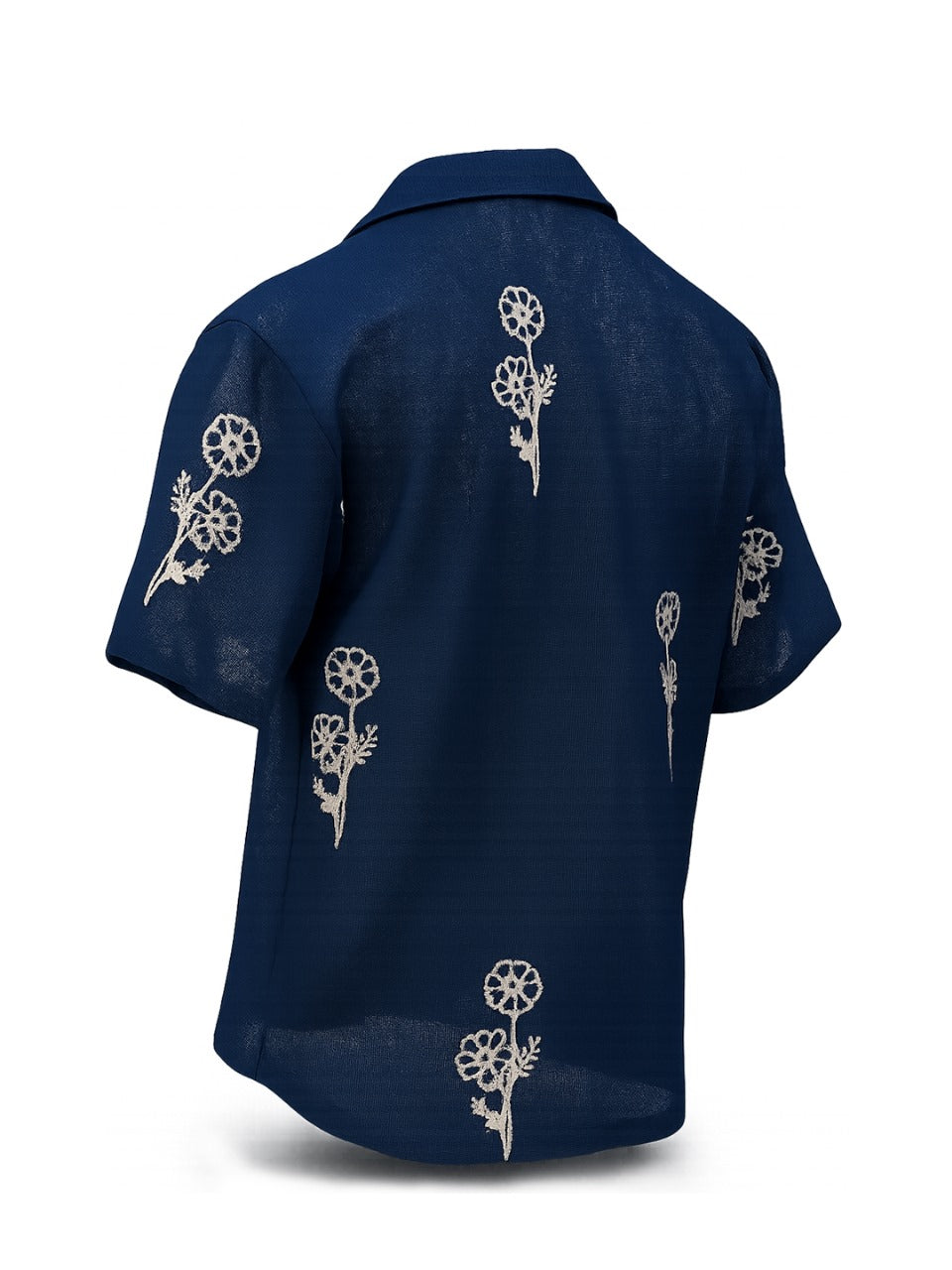 Navy Embroidered Floral Motif Down Button oversized Shirt