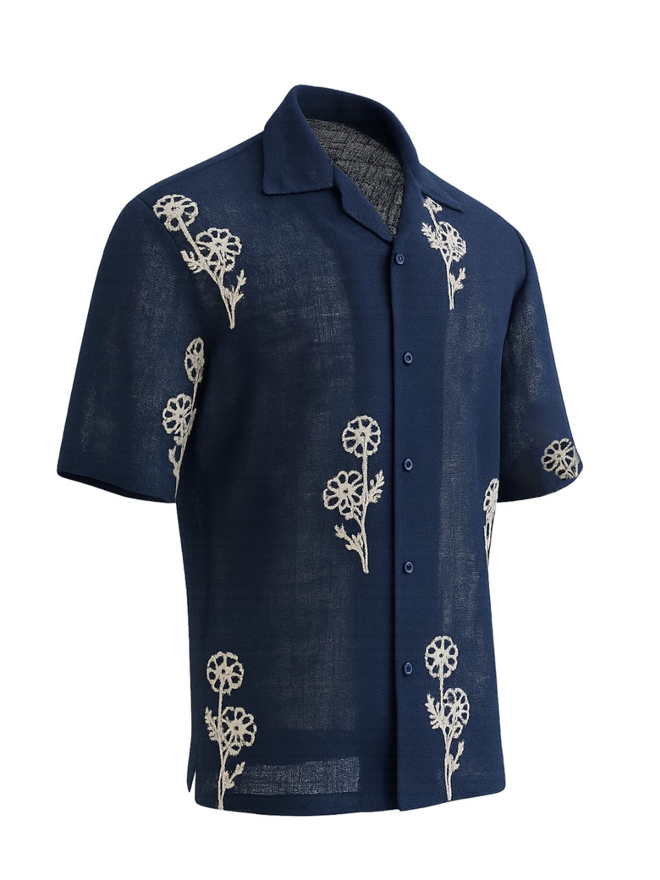 Navy Embroidered Floral Motif Down Button oversized Shirt